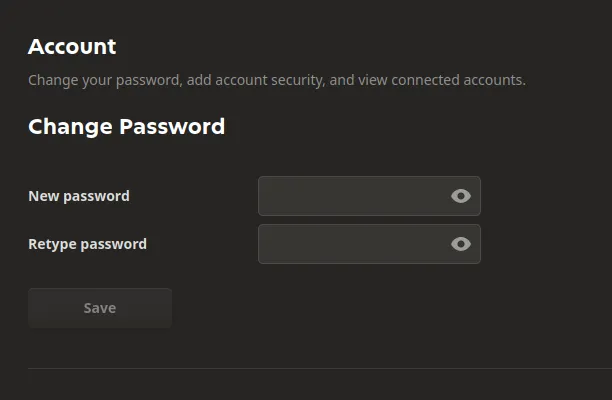 Chess.com's Change Password settings: a new-password field and a confirmation, with no current-password field.