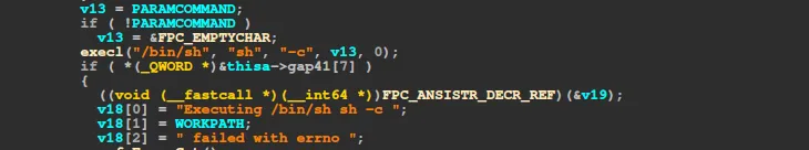 The sink decompiled: execl("/bin/sh", "sh", "-c", command) with the Executing /bin/sh sh -c log string