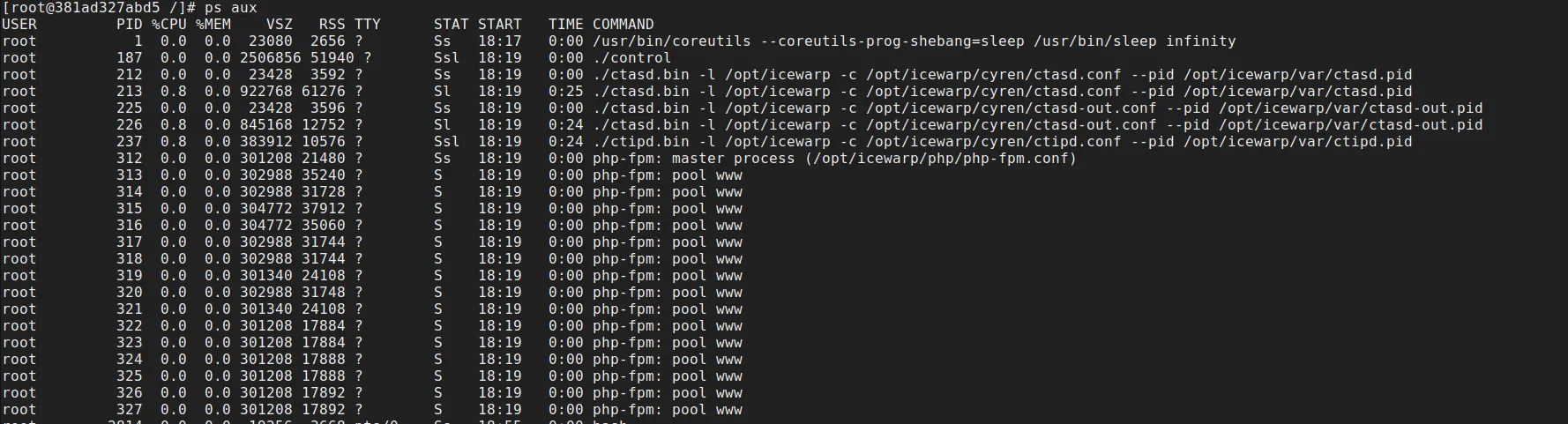 The IceWarp daemons and the php-fpm pool, every one running as root