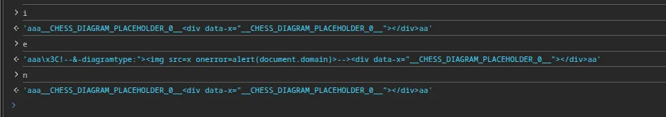 e, n, and i side by side: DOMPurify's output i is byte-for-byte identical to the tokenized input n.