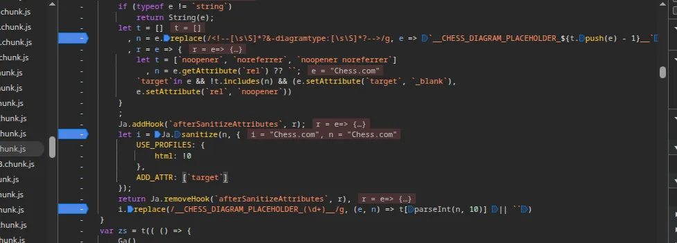 The reported xssFilter: it extracts diagram comments to placeholder tokens, runs DOMPurify, then restores the raw comments over the tokens.